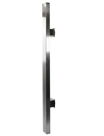 Single stainless steel pull handle on a white background