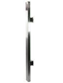 Single stainless steel pull handle on a white background
