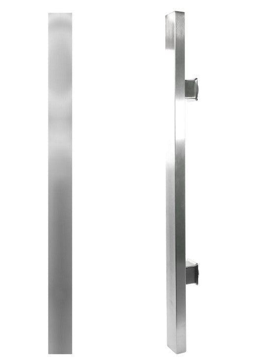 Stainless steel pull handle on a white background