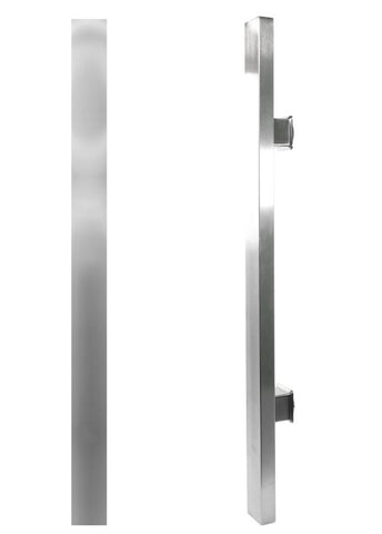 Stainless steel pull handle on a white background