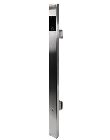 Stainless steel door handle with electronic keypad on a white background