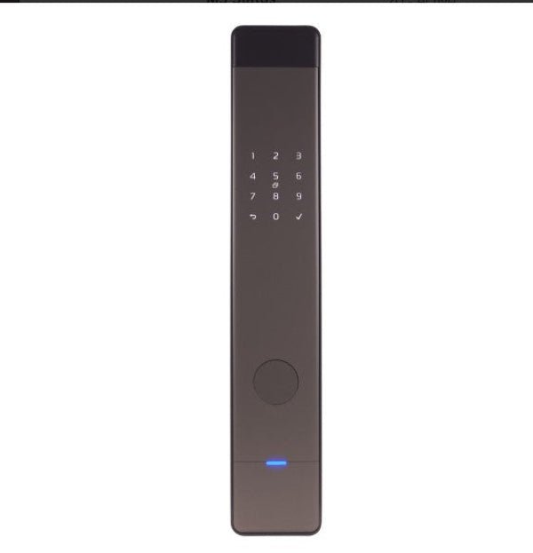 Black electronic door lock with digital keypad on a white background