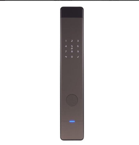 Black electronic door lock with digital keypad on a white background