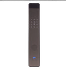 Black electronic door lock with digital keypad on a white background