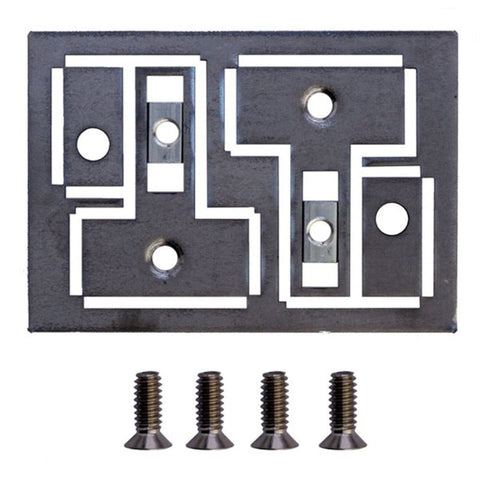 Metal bracket with multiple holes and four screws on a white background