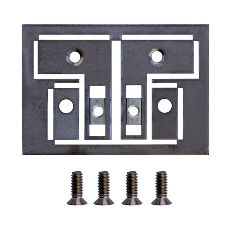 Metal mounting plate with multiple holes and four screws on a white background