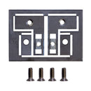 Metal mounting plate with multiple holes and four screws on a white background
