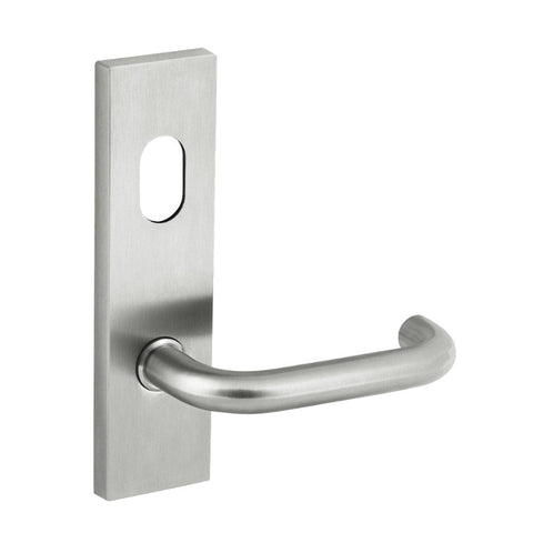 Stainless steel door handle on a white background