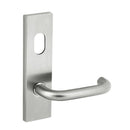 Stainless steel door handle on a white background