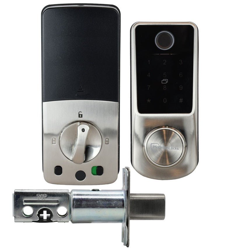 Digital door lock set with keypad and cylindrical mechanism on a white background