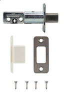 Door hardware components including a latch, strike plate, and screws on a white background