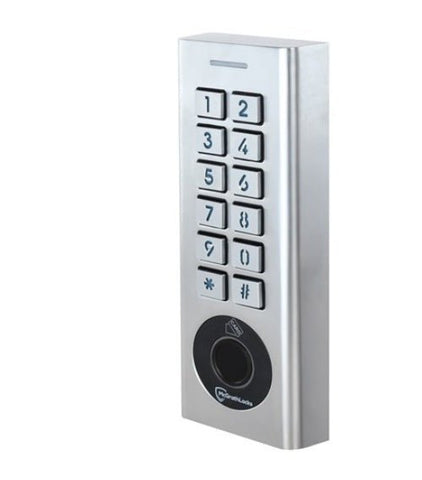 Metallic keypad with fingerprint sensor on a white background