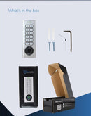 Electronic door lock components including keypad, screws, and packaging on a blue background.