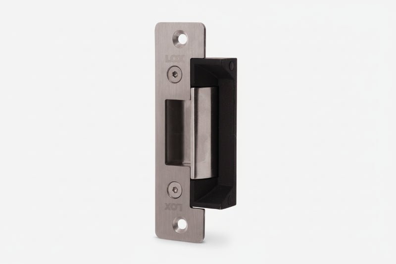 Metal door handle with black finish on a white background