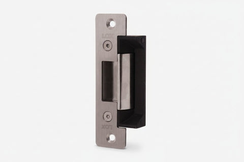Metal door handle with black finish on a white background