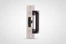 Metal door handle with a black finish on a white background