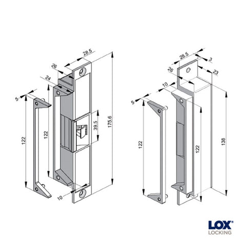Technical drawing of a metal bracket with dimensions and Lox Brand logo.