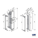 Technical drawing of a metal bracket with dimensions and Lox Brand logo.