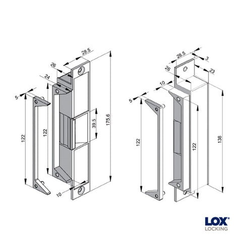Technical drawing of a metal bracket with dimensions and Lox Locking logo.