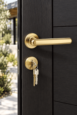 A close-up of a modern black front door with a brushed gold lever handle and matching lockset, with keys inserted and an outdoor garden background visible through the open door.