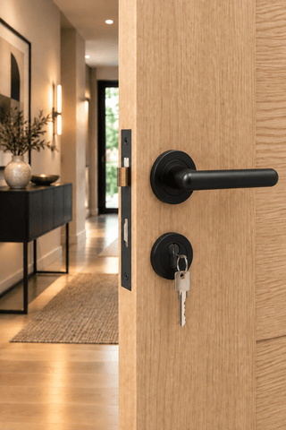 Modern matte black lever handle and lockset installed on a light wood door, with keys in the lock, shown in a real home hallway interior.