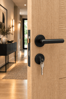 Modern matte black lever handle and lockset installed on a light wood door, with keys in the lock, shown in a real home hallway interior.