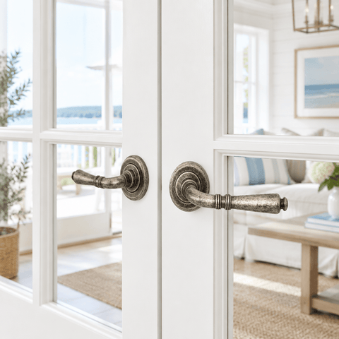 Zanda Winchester Balmain door lever on 54mm round rose, Vintage Pewter