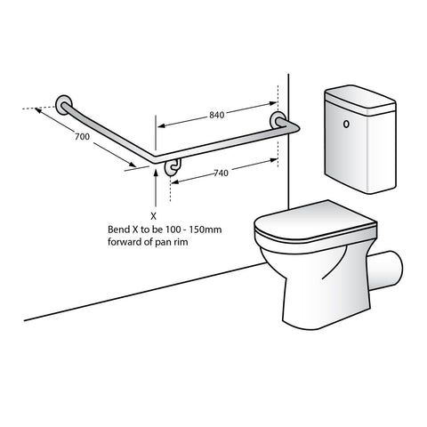 Metlam Grab Rail and Back Rest Flush Mount Side Wall Right Hand 840x700mm Satin Stainless Steel - image 2