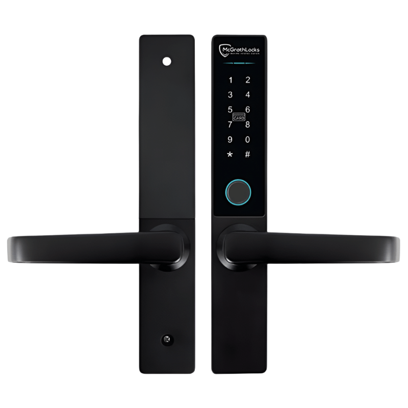 Black digital door lock with accessibility and fire safety icons on a white background