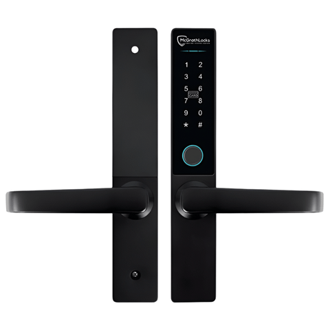 Black digital door lock with accessibility and fire safety icons on a white background