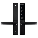 Black digital door lock with accessibility and fire safety icons on a white background