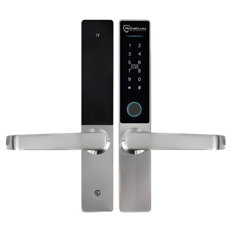 Digital door handle with electronic keypad on a white background
