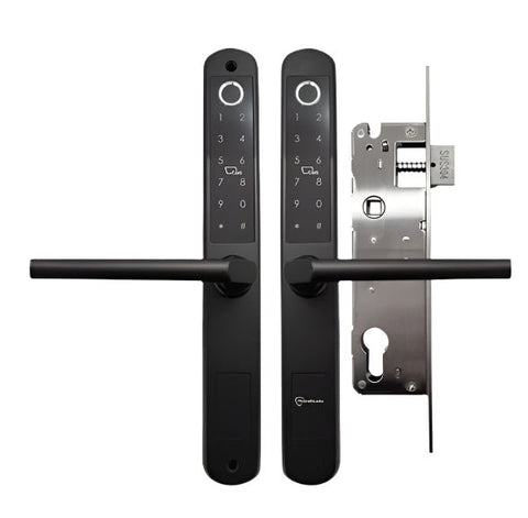 Black electronic door handle with lock mechanism on a white background