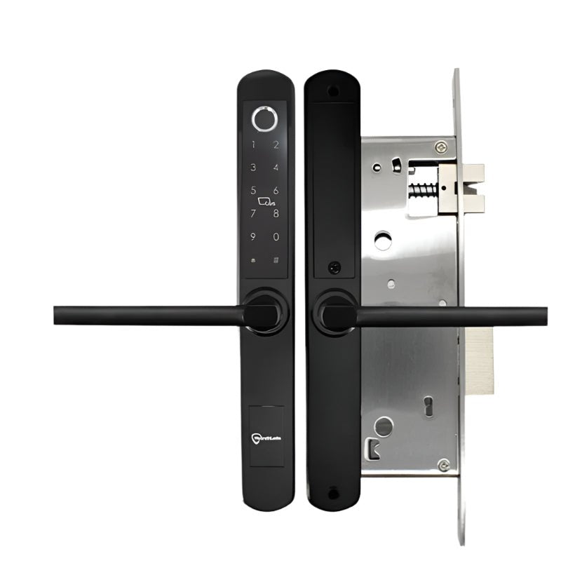 Digital door handle with electronic keypad on a white background