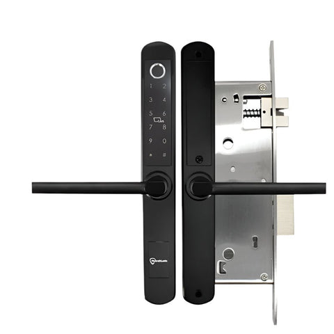 Digital door handle with electronic keypad on a white background