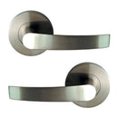Pair of stainless steel door handles on a white background