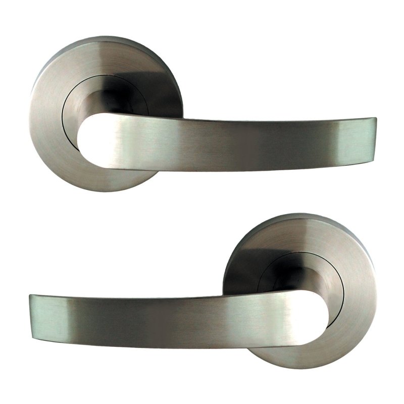 Pair of stainless steel door handles on a white background