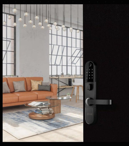 Modern living room with an orange sofa and a door handle on a black background