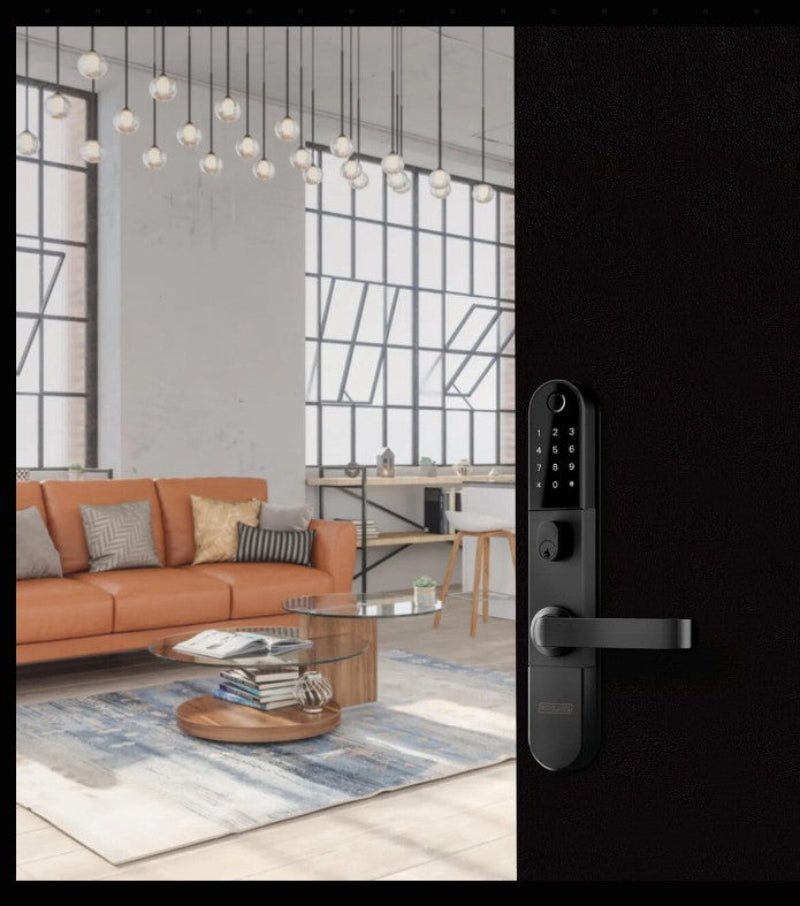 Modern living room with an orange sofa and a door handle on a black background