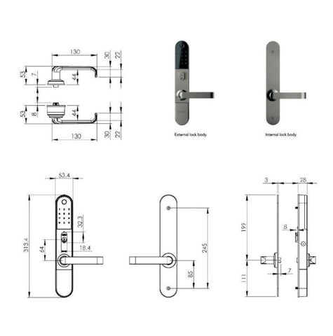 Door handle and lock assembly with dimensions on a white background