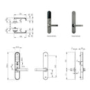 Door handle and lock assembly with dimensions on a white background