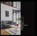 Living room with a modern door handle and lock system.