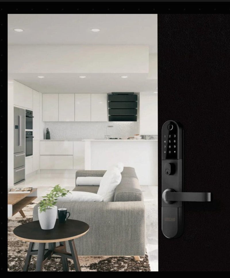 Modern interior with a kitchen and living room, featuring a smart door handle.