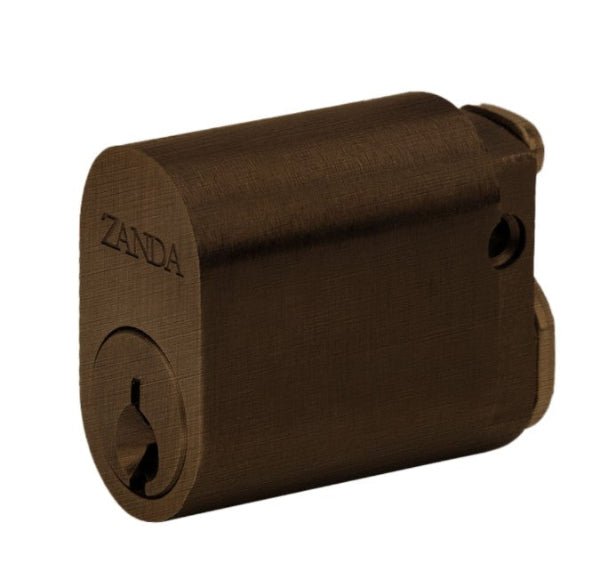 Amber Bronze cylindrical lock with 'ZANDA' branding on a white background