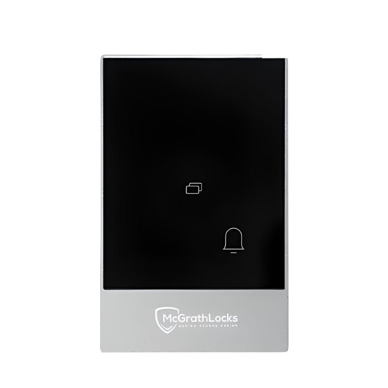 Black and silver doorbell panel with McGrathLocks logo on a white background