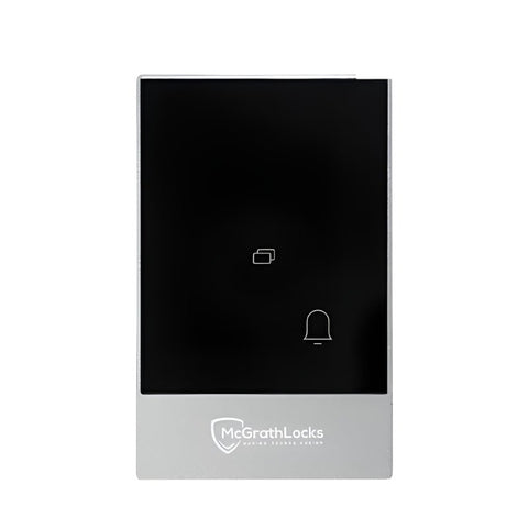 Black and silver doorbell panel with McGrathLocks logo on a white background