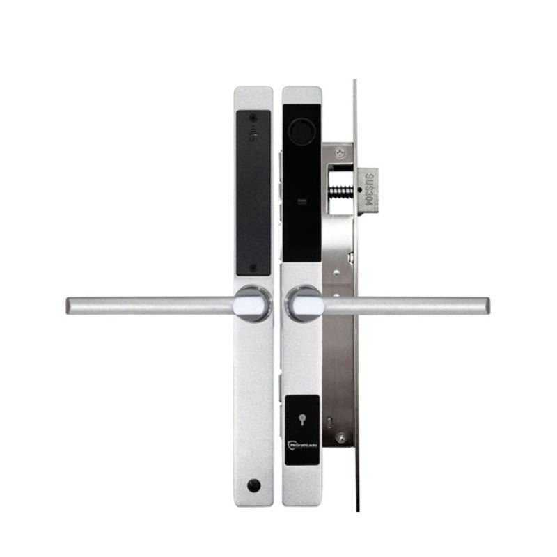 Digital door lock with electronic components on a white background