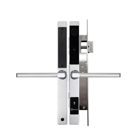 Digital door lock with electronic components on a white background