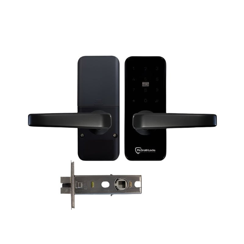 Black door handles and lock mechanism on a white background