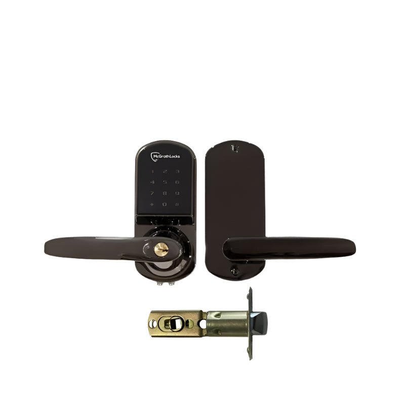 Black door handle with electronic keypad lock on a white background